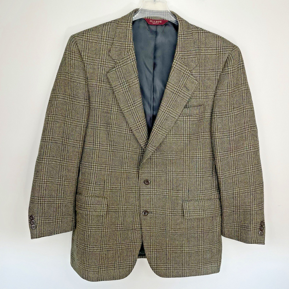 Jos A Bank Sport Coat Men's 43 Long Brown Glen Plaid Wool Mohair 2 Button Blazer